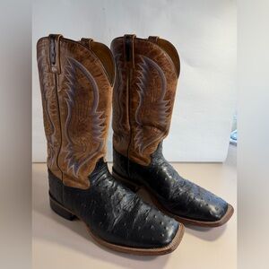 Old West Mens Broad Square Toe Black/Tan Fry Leather Cowboy Boots Sz 10.5
